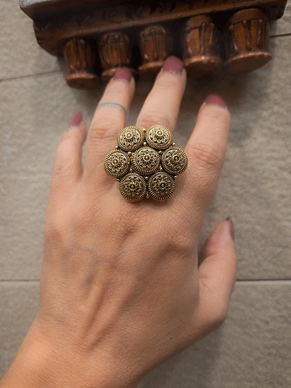 Self seven circular design antique gold finish openable ring