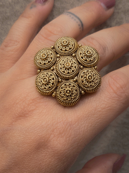 Self seven circular design antique gold finish openable ring
