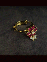 Load image into Gallery viewer, Ruby paachi kundan adjustable ring with pearly hangings