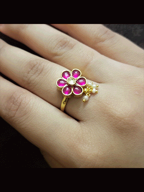 Ruby paachi kundan adjustable ring with pearly hangings