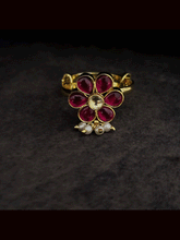 Load image into Gallery viewer, Ruby paachi kundan adjustable ring with pearly hangings