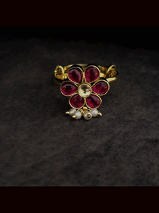 Ruby paachi kundan adjustable ring with pearly hangings