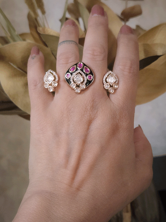 Double finger adjustable green enamel moissanite ring