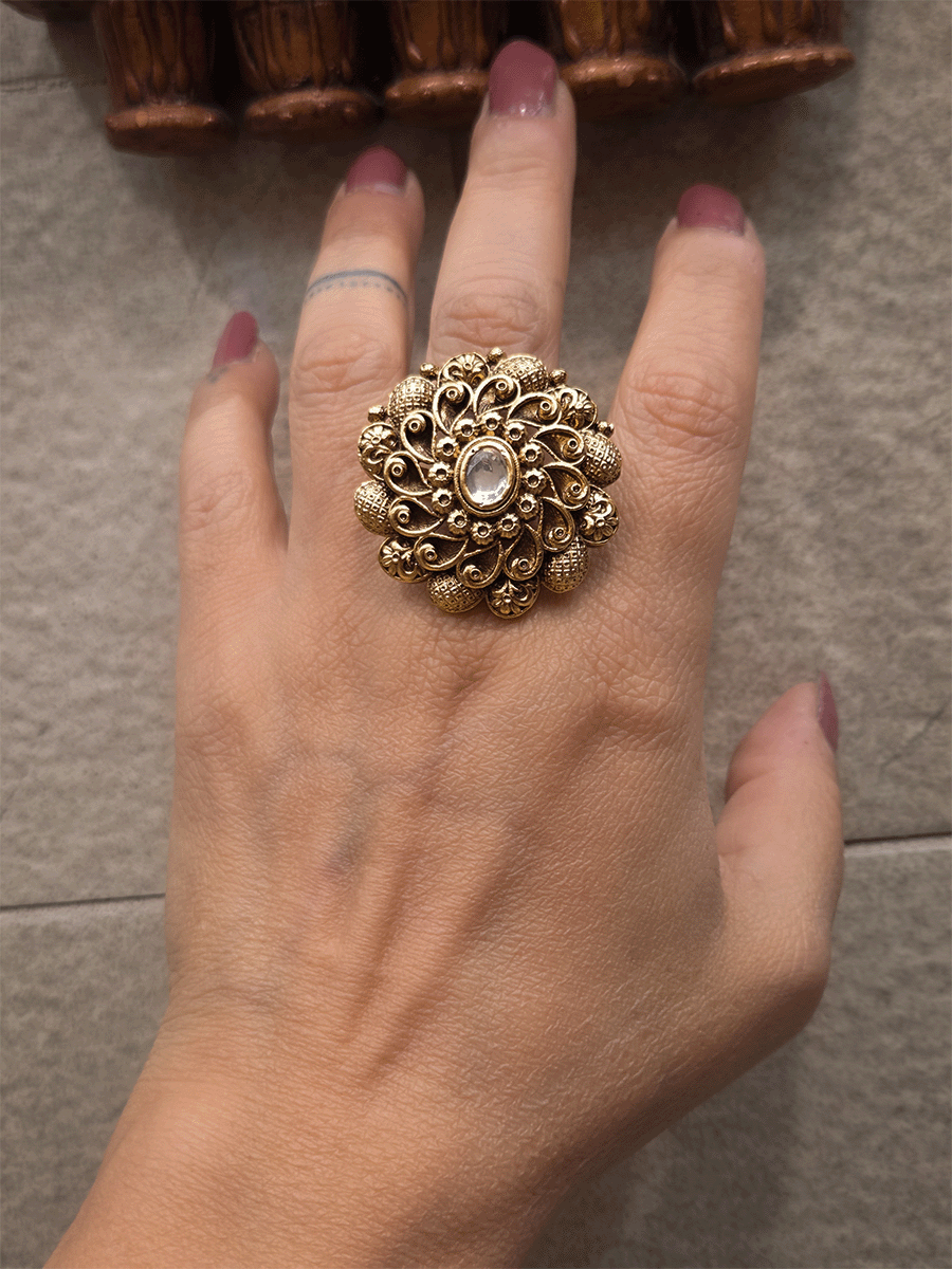 Oval center stone antique gold finish flower design bold openable ring