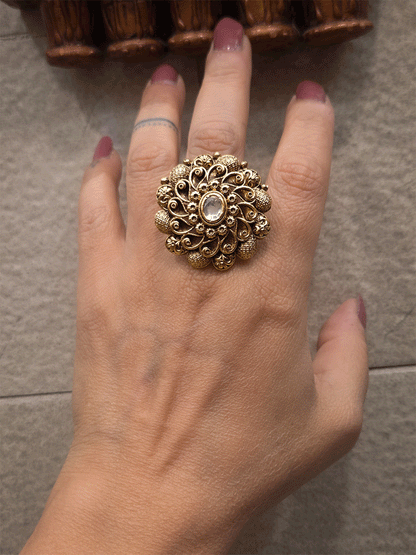 Oval center stone antique gold finish flower design bold openable ring