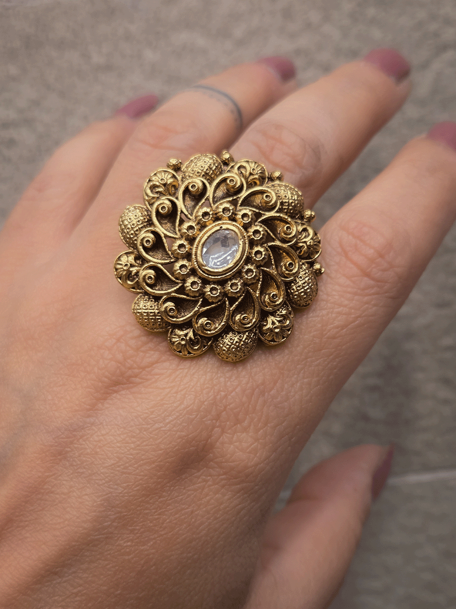Oval center stone antique gold finish flower design bold openable ring