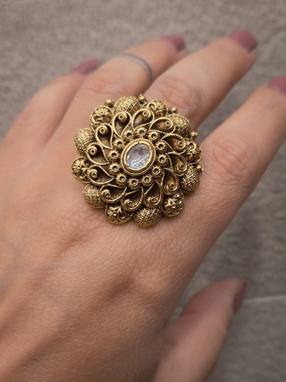 Oval center stone antique gold finish flower design bold openable ring
