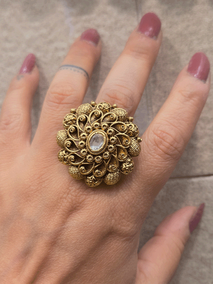 Oval center stone antique gold finish flower design bold openable ring