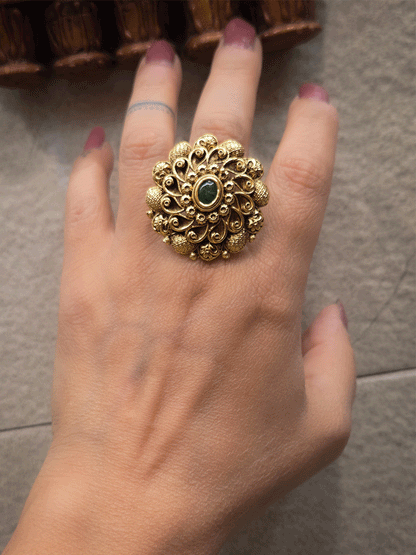 Oval center stone antique gold finish flower design bold openable ring