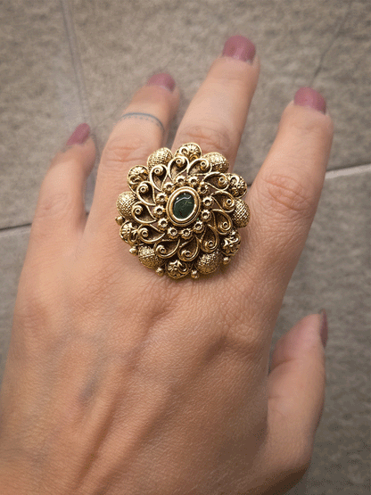 Oval center stone antique gold finish flower design bold openable ring