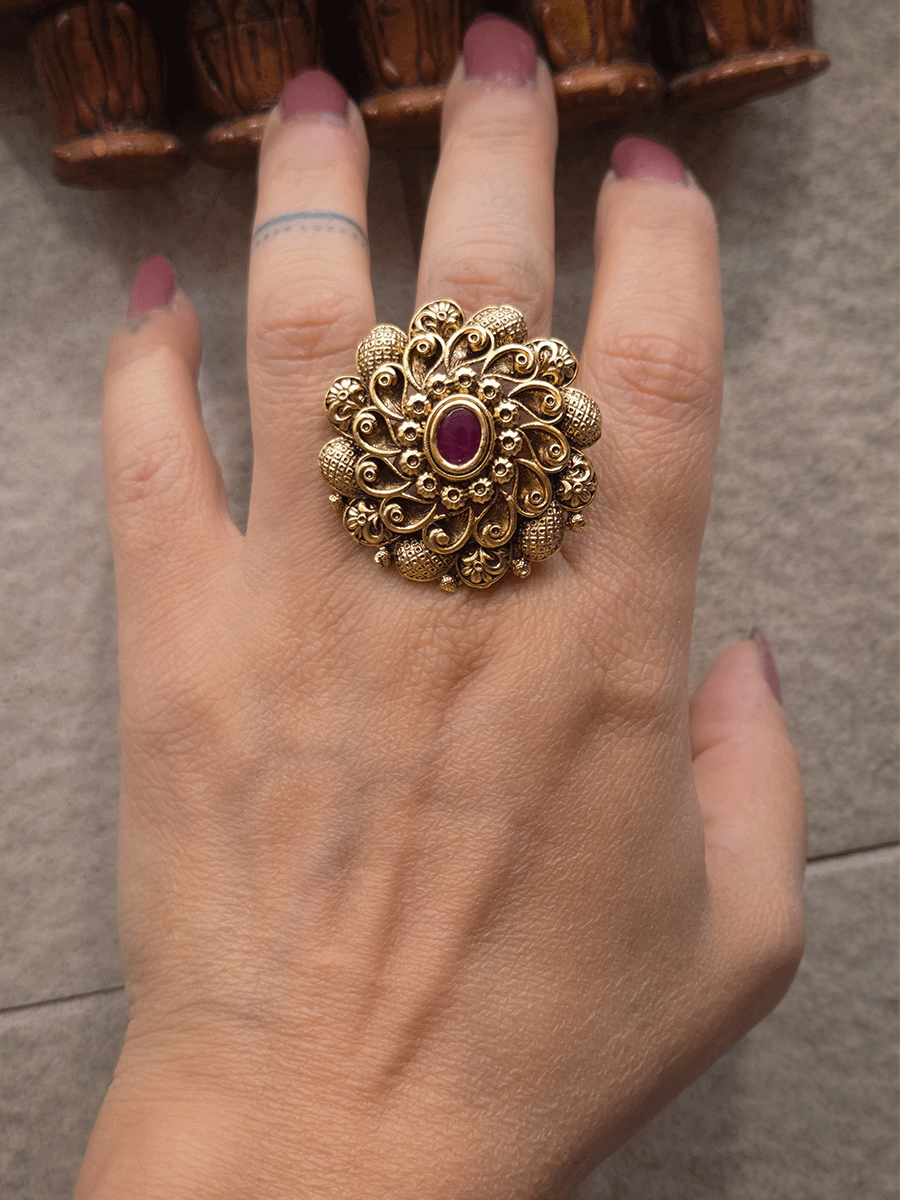Oval center stone antique gold finish flower design bold openable ring