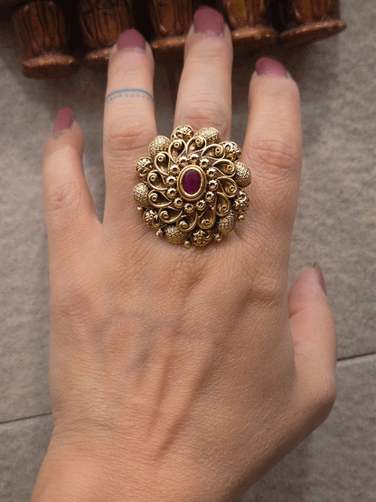 Oval center stone antique gold finish flower design bold openable ring