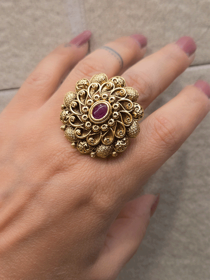 Oval center stone antique gold finish flower design bold openable ring
