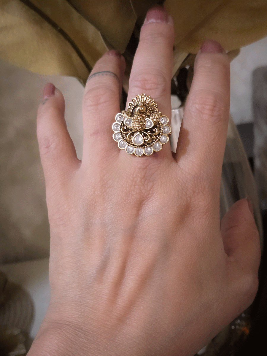 Peacock design kundan embedded adjustable ring