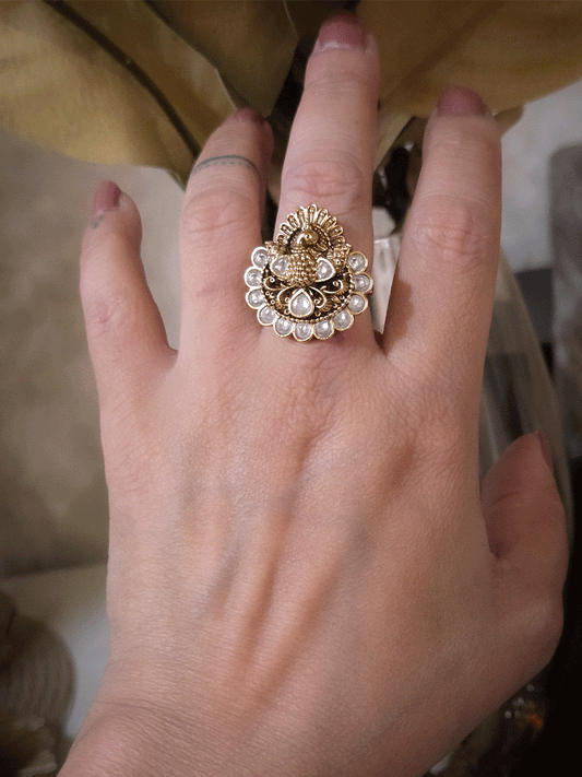 Peacock design kundan embedded adjustable ring