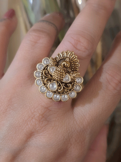 Peacock design kundan embedded adjustable ring