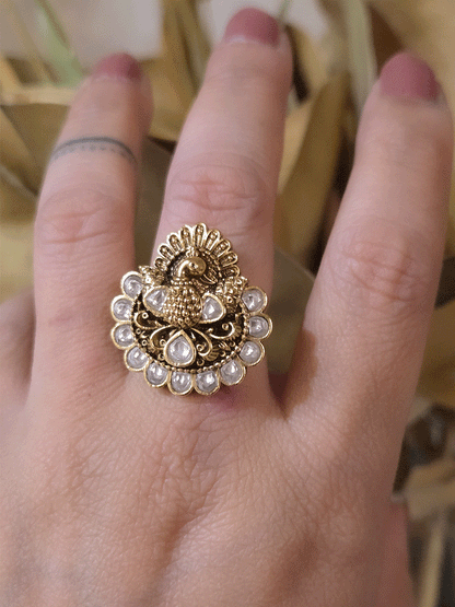Peacock design kundan embedded adjustable ring
