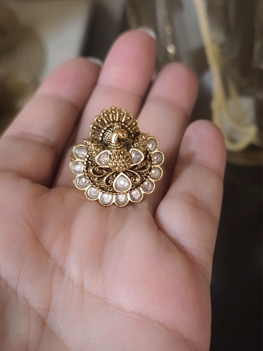 Peacock design kundan embedded adjustable ring