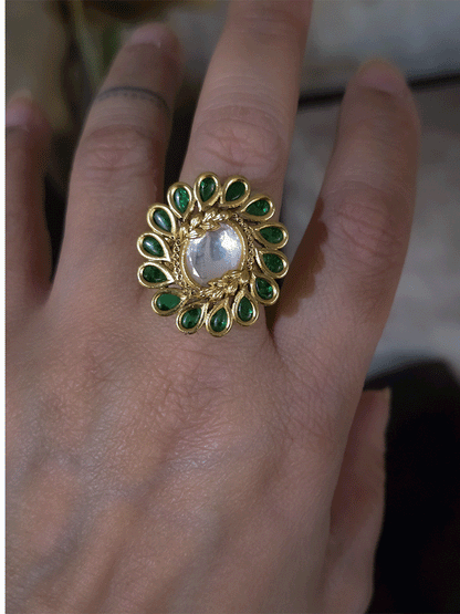 Coloured oval stone with leaf design carving kundan adjustable ring