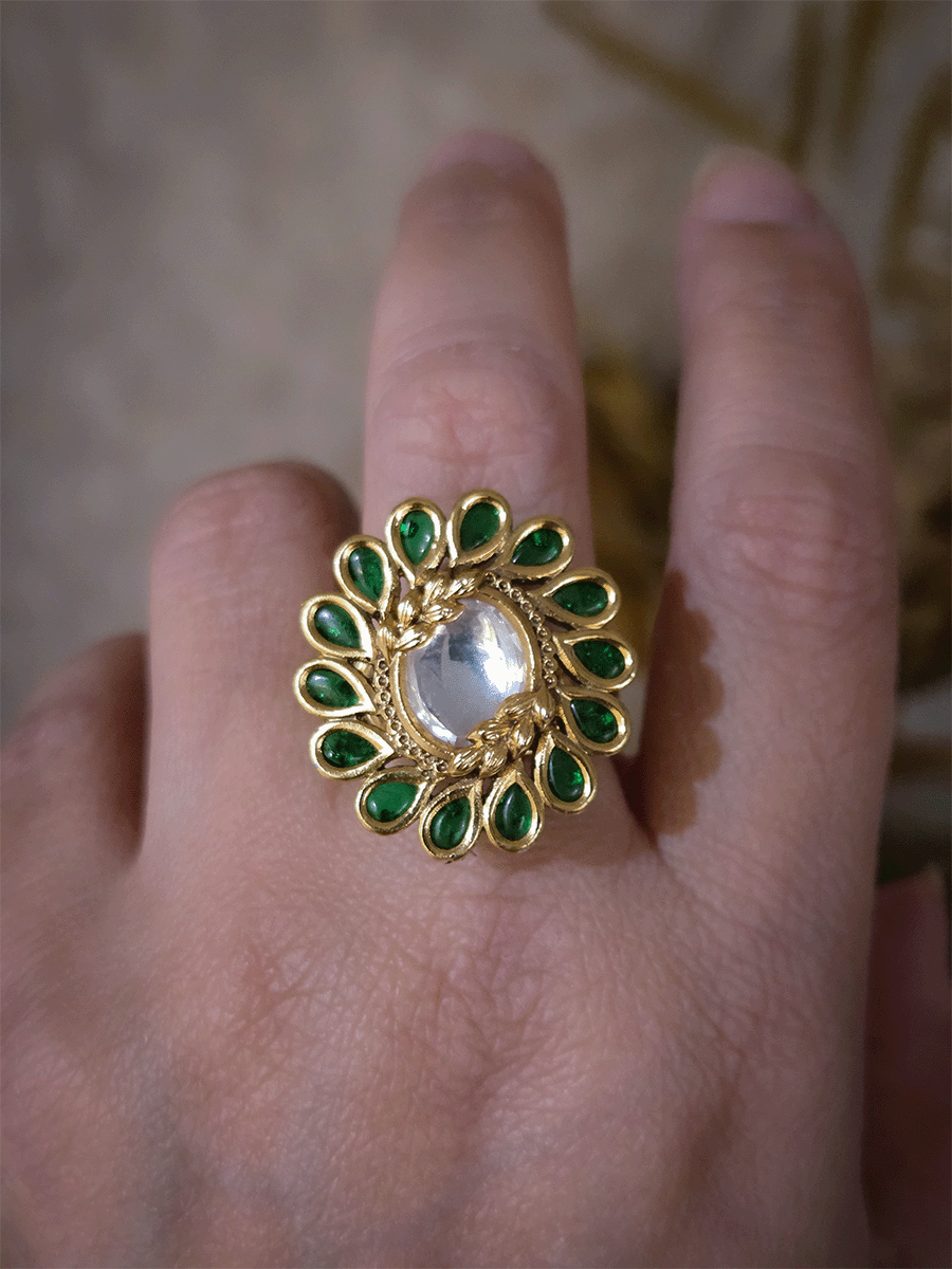 Coloured oval stone with leaf design carving kundan adjustable ring