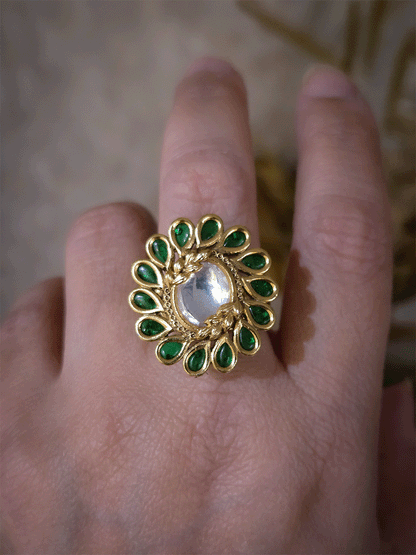 Coloured oval stone with leaf design carving kundan adjustable ring