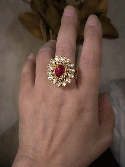 Coloured oval stone with leaf design carving kundan adjustable ring