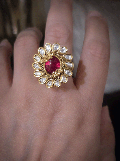 Coloured oval stone with leaf design carving kundan adjustable ring