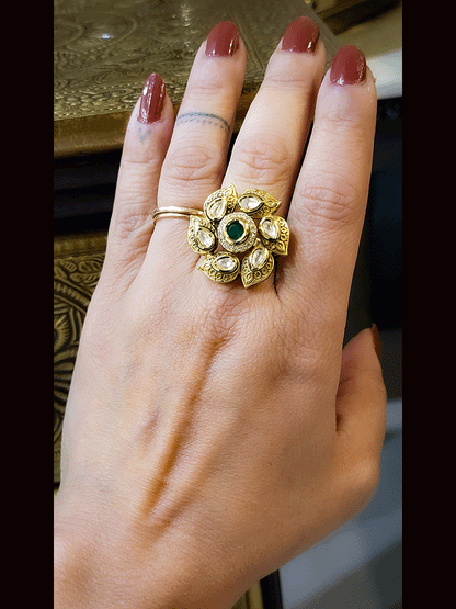 Self flower design openable kundan ring with stone center