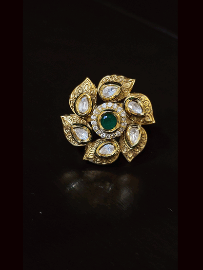 Self flower design openable kundan ring with stone center