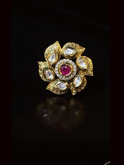 Self flower design openable kundan ring with stone center