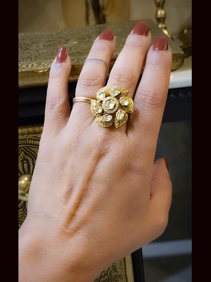 Self flower design openable kundan ring with stone center