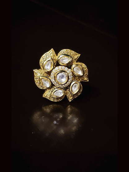 Self flower design openable kundan ring with stone center