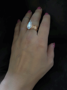 Rosegold finish self design long leaf shaped white stone adjustable ring