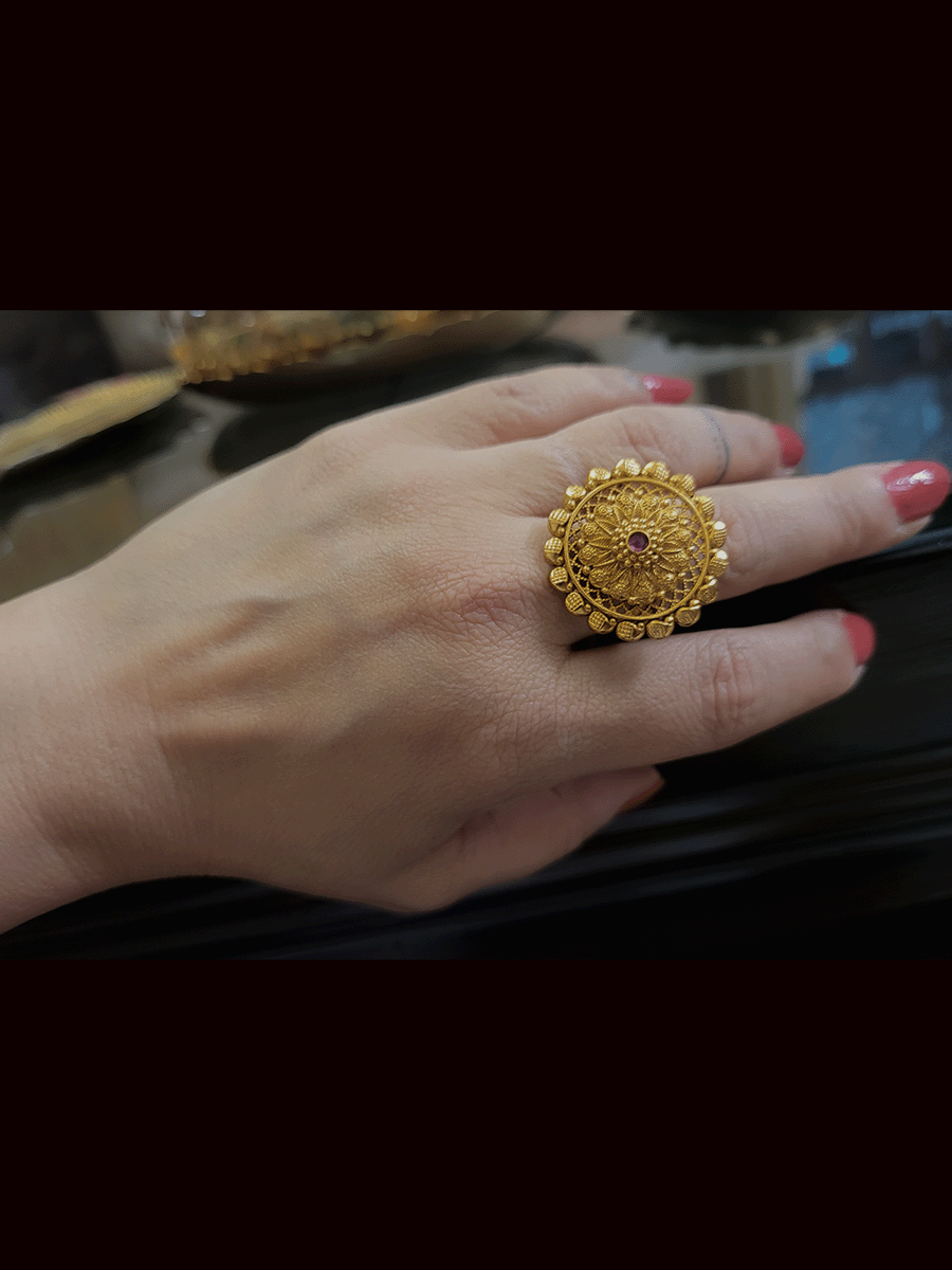 Flower with mesh design ruby stone circular openable ring