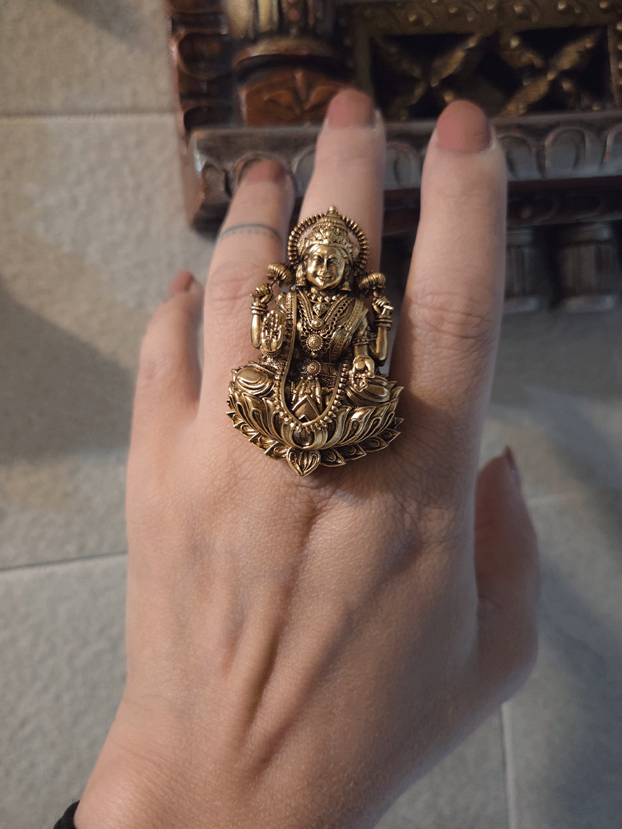 Intricately carved antique gold finish Laxmi ji adjustable ring (Ring L-2.3inches)