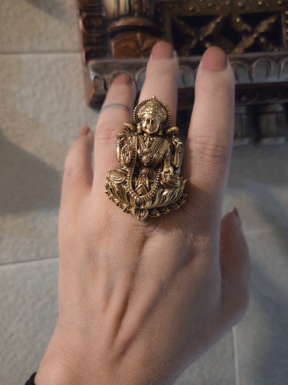 Intricately carved antique gold finish Laxmi ji adjustable ring (Ring L-2.3inches)