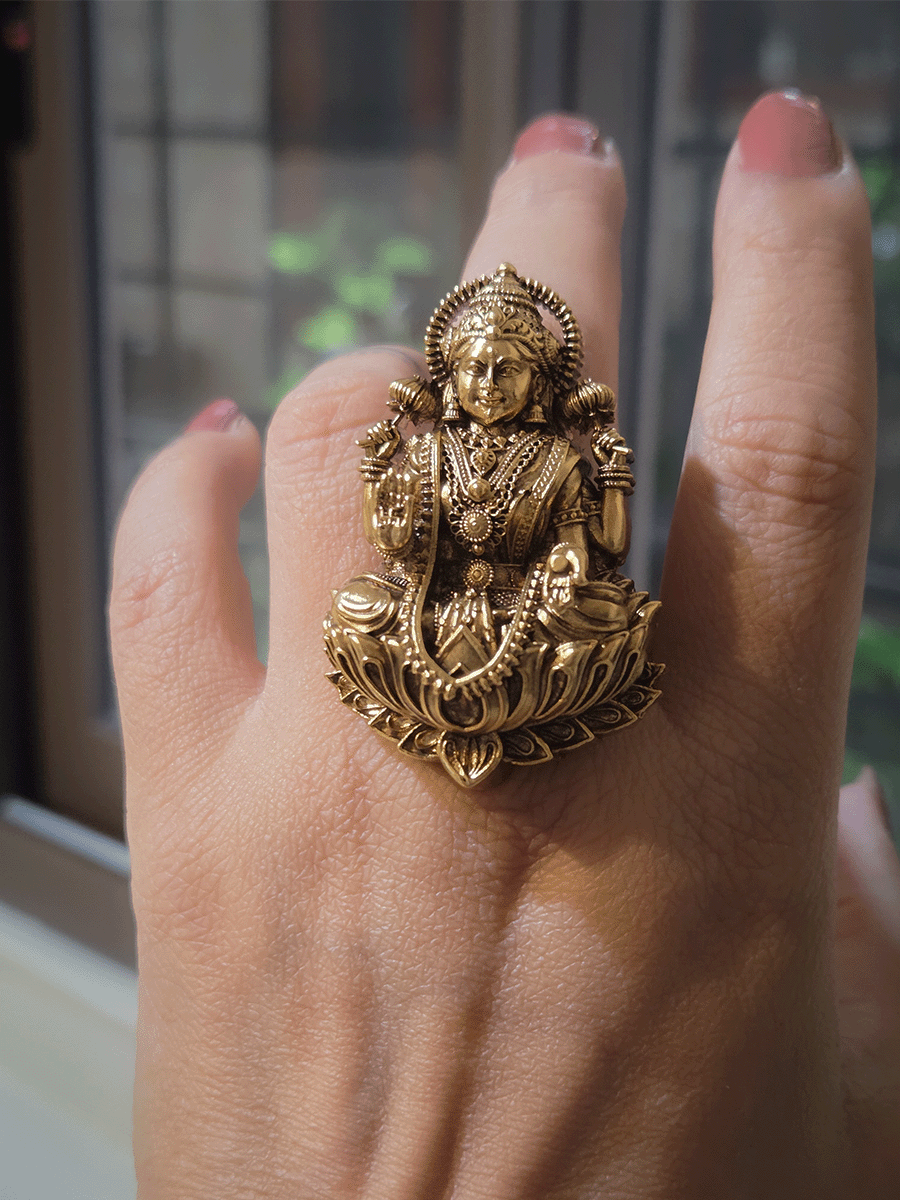 Intricately carved antique gold finish Laxmi ji adjustable ring (Ring L-2.3inches)