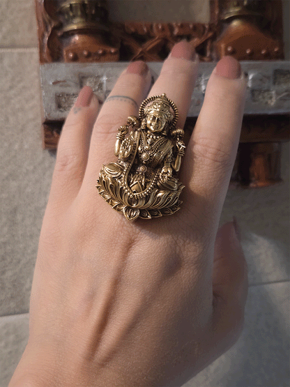 Intricately carved antique gold finish Laxmi ji adjustable ring (Ring L-2.3inches)