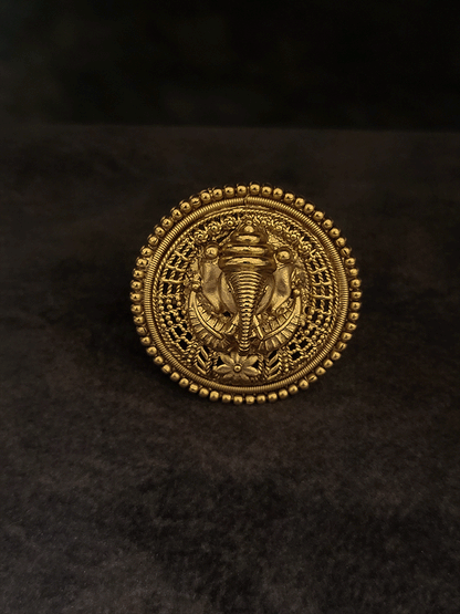 Ganpati ji design round gold finish adjustable ring