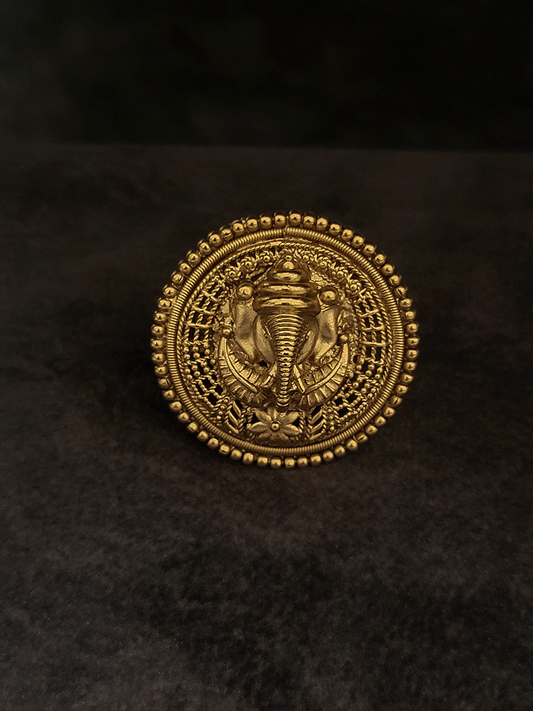 Ganpati ji design round gold finish adjustable ring