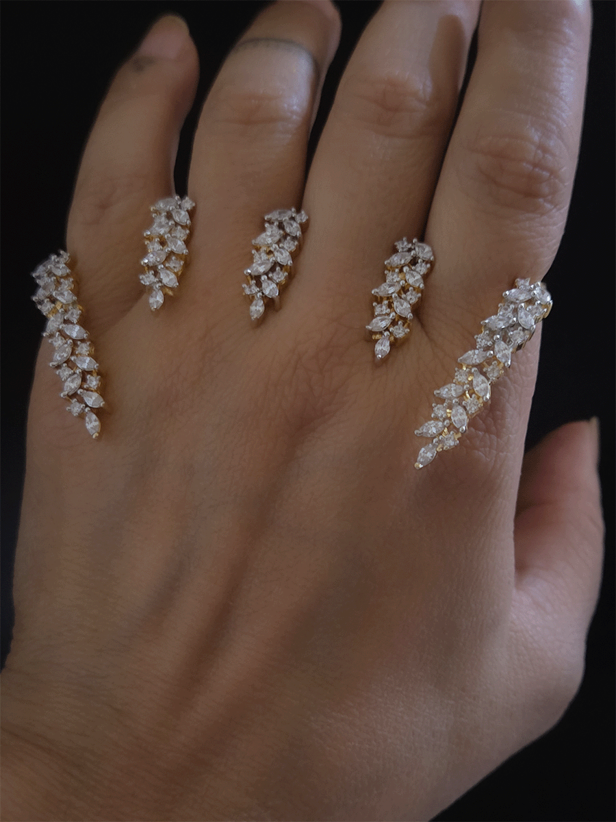 Four fingers adjustable gold finish baguette shaped AD  ring