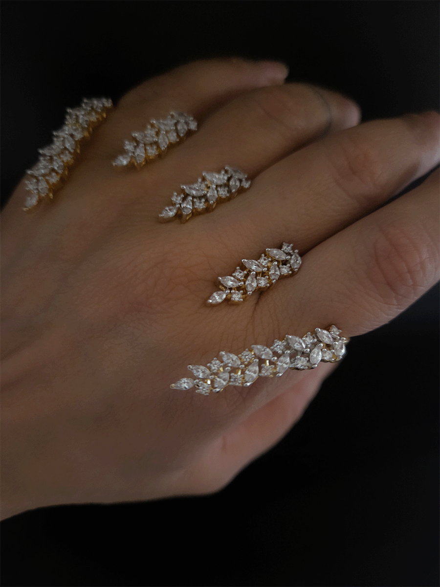 Four fingers adjustable gold finish baguette shaped AD  ring