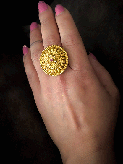 Circular flower center ruby stone adjustable ring with rectangular design