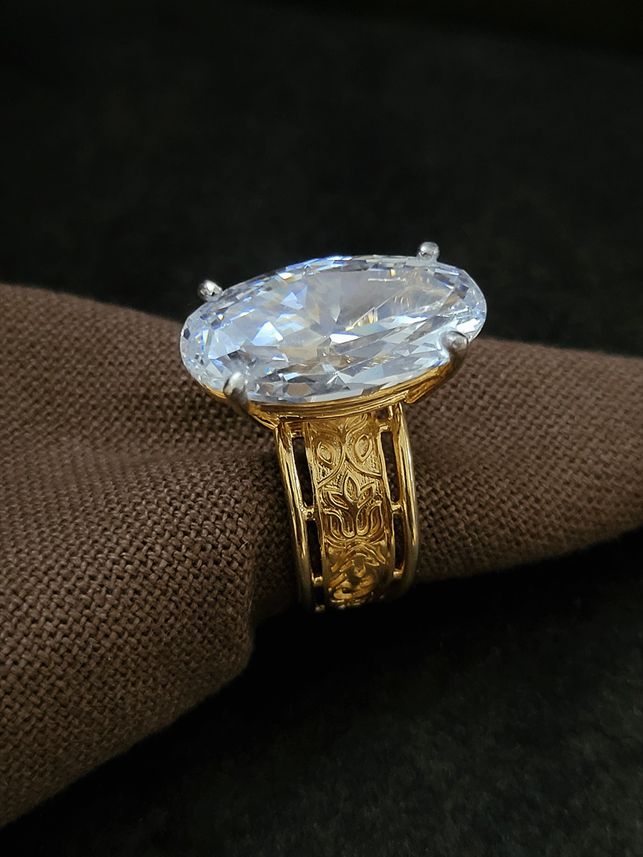 Oval shaped white stone adjustable ring with self design broad band