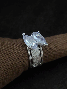 Two attached leaves white stones adjustable ring with self design broad band