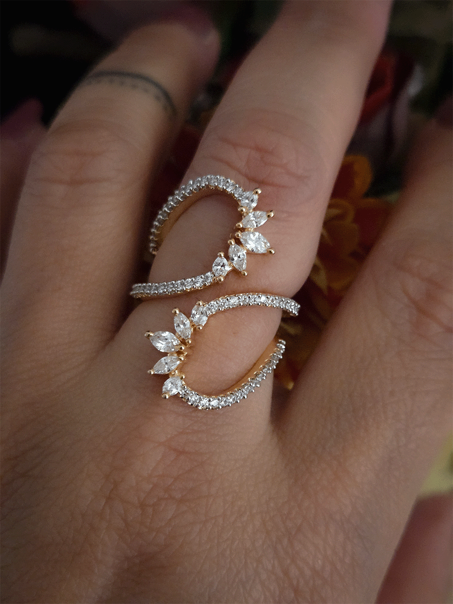 Double loop design zircon studded adjustable ring with marquise shaped stones