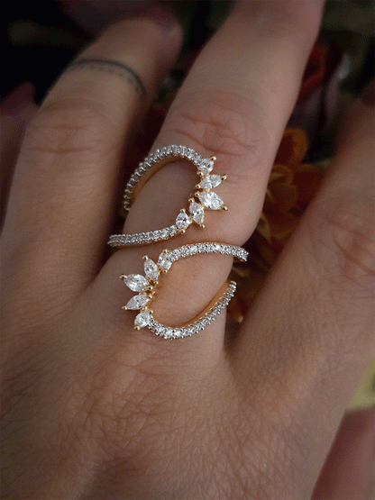 Double loop design zircon studded adjustable ring with marquise shaped stones