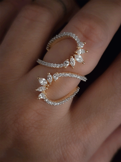 Double loop design zircon studded adjustable ring with marquise shaped stones
