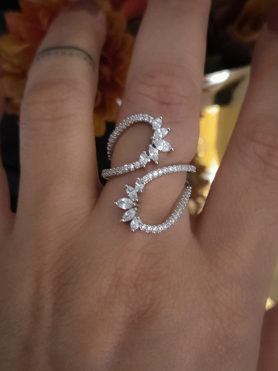 Double loop design zircon studded adjustable ring with marquise shaped stones