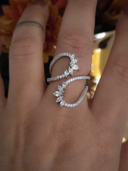 Double loop design zircon studded adjustable ring with marquise shaped stones